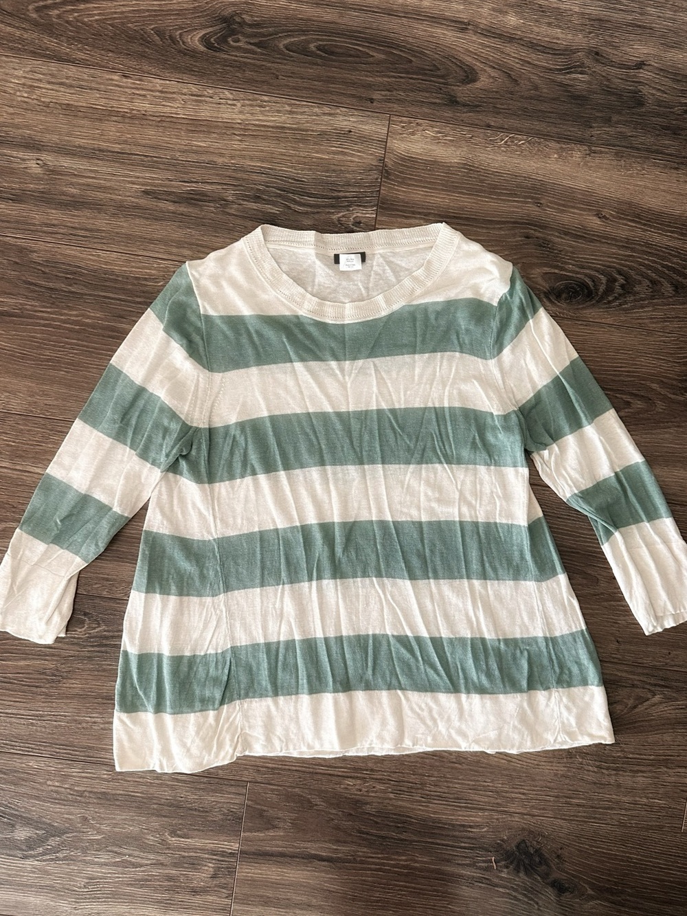 J. Crew Linen & Silk Cream and Sage Green Striped 3/4 Sleeve Tee
